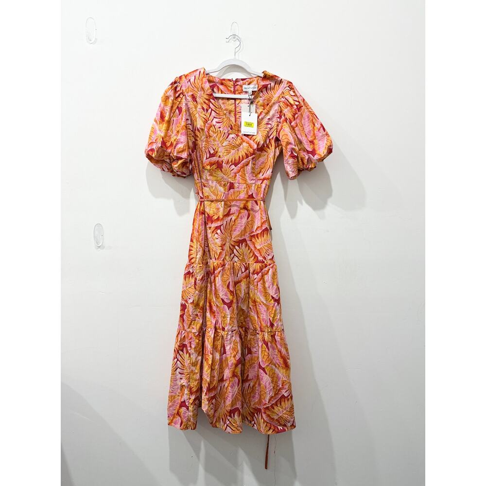 NWT Gibson Latimer Floral Puff Sleeve A-Line Midi Dress Orange Pink Womens S